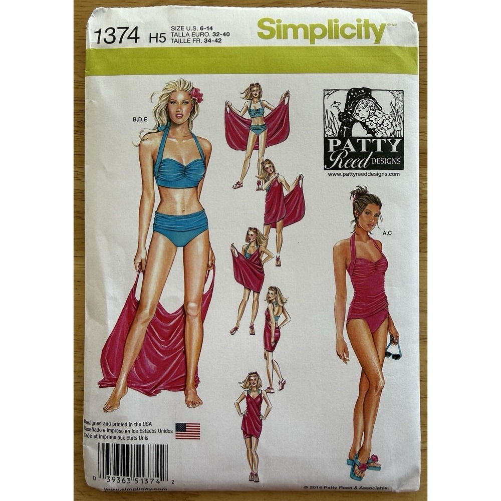 Simplicity Patty Reed Pattern 1374 Misses' Swimsuit Beach Cover-up Sarong 6-14